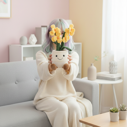 Person holding a plush flower pot with yellow flowers in a cozy living room.
