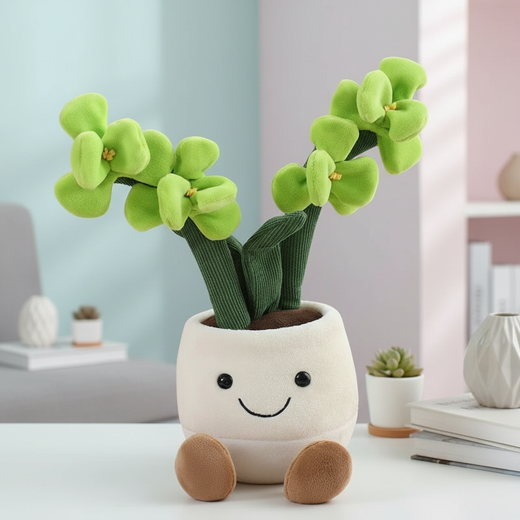Plush toy plant in a pot with a smiley face on a desk