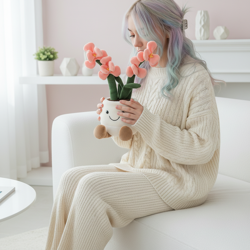 Person sitting on a couch holding a small plushie plant with pink flowers in a white pot.