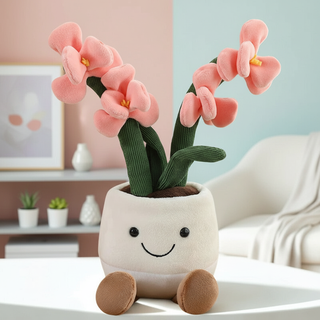 Plush toy flower pot with pink flowers on a white surface