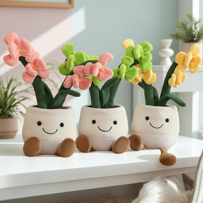 Three plush flower pots with smiling faces on a white surface.
