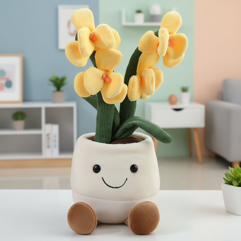 Plush toy flower pot with yellow flowers in a living room setting