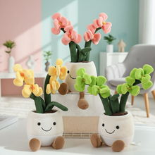 Plush flower pots with smiling faces on a light background