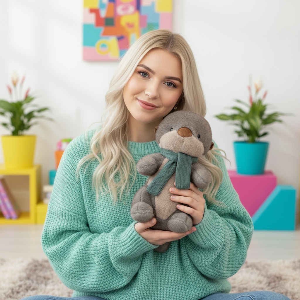 Woman holding an otter plush toy in a room with colorful decor