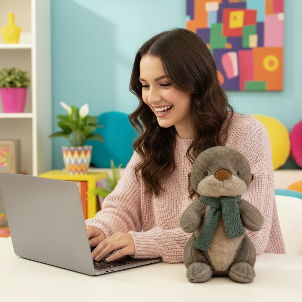 Woman sitting at a laptop with an otter plushie on a table in a colorful room