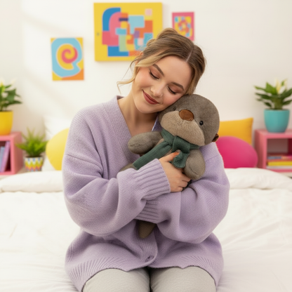 Woman in a purple sweater holding a gray otter plush toy in a colorful room.