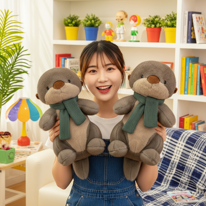 Person holding two plush otters with scarves in a room with books and plants.