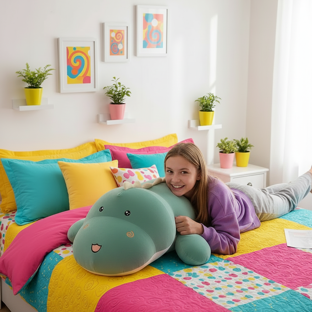 Person lying on a colorful bed with a large green dinosaur plush toy, surrounded by decorative elements.