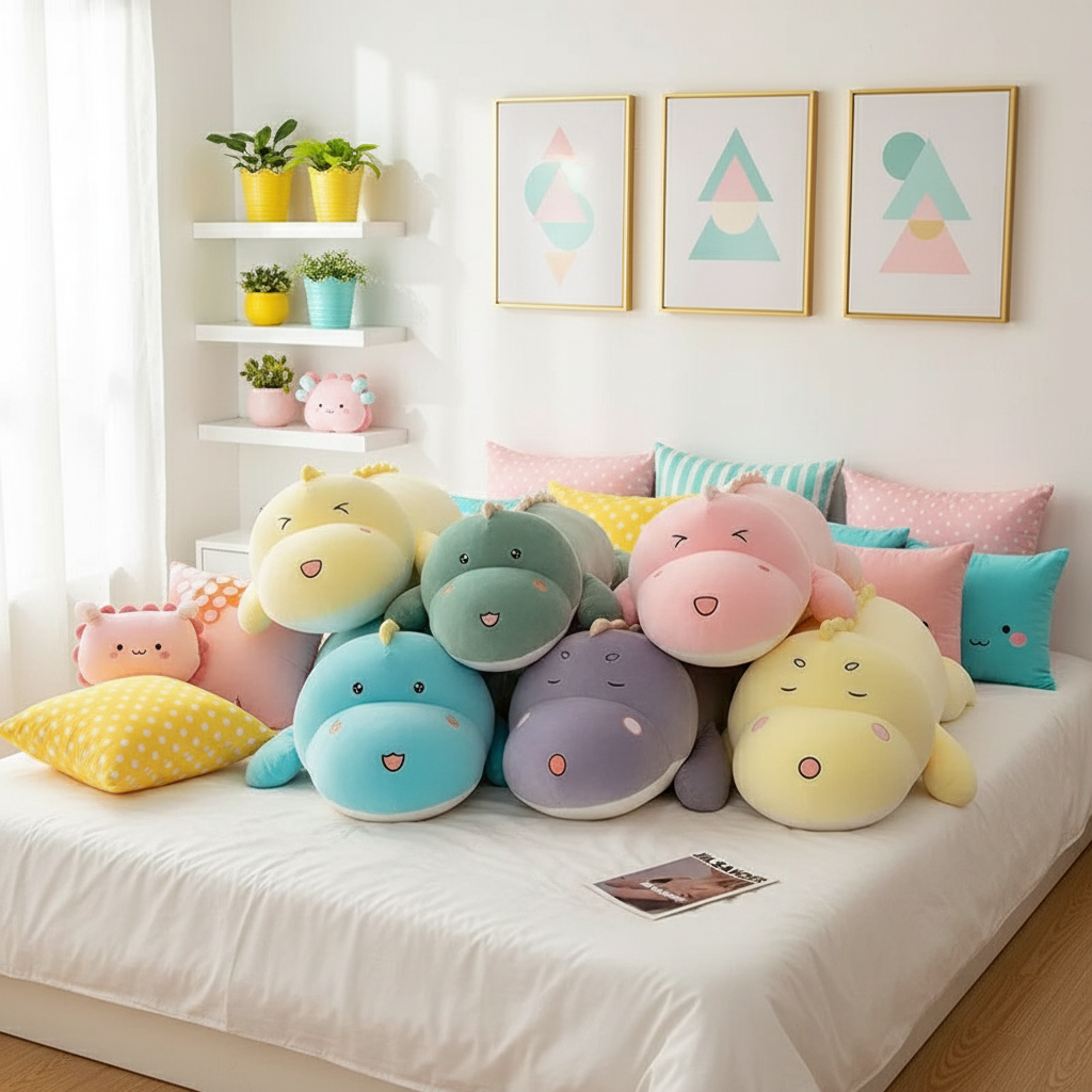 Colorful dinosaur plush toys on a bed with decorative pillows and plants in the background