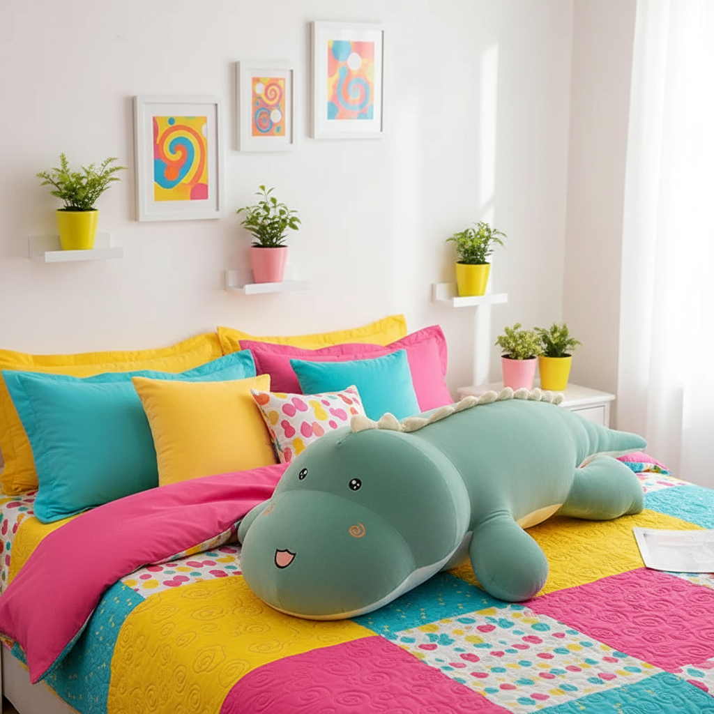 Colorful bedroom with a large green dinosaur plush toy on a bed.