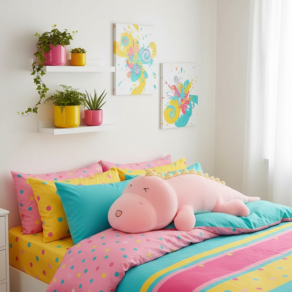 Colorful bedroom with polka dot bedding, plush toy, and wall art.