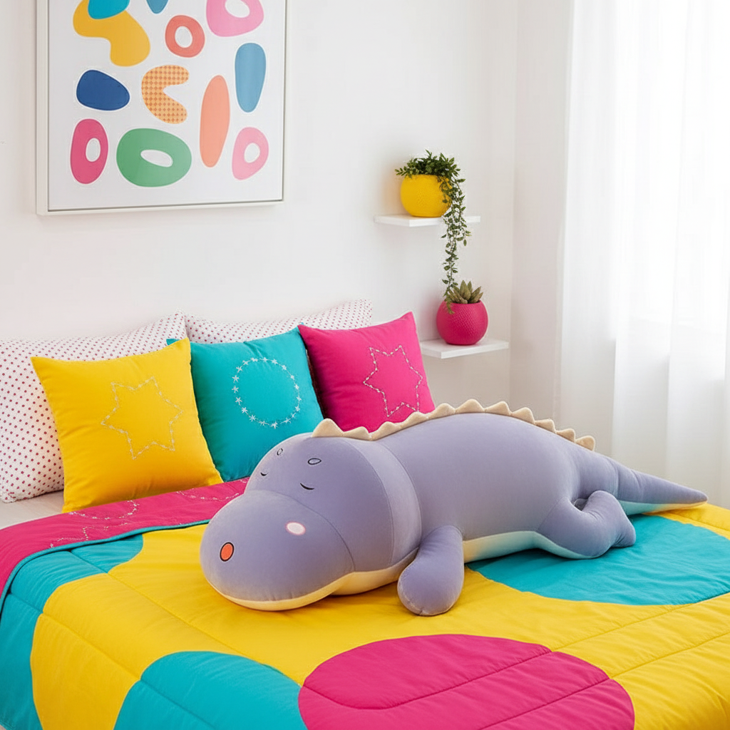 Colorful bedding set with dinosaur-shaped pillow in a child's bedroom