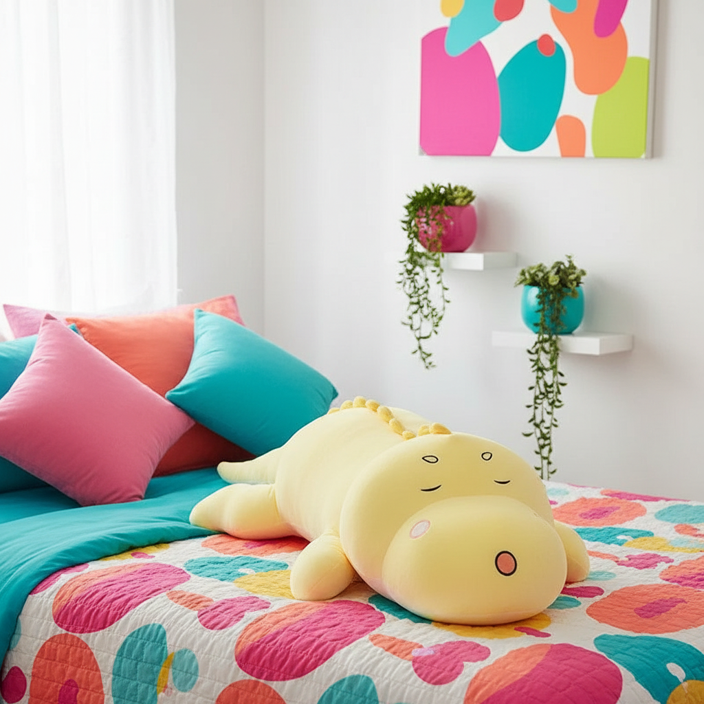 Yellow dinosaur plush toy on a bed with colorful bedding and pillows in a room with a vibrant abstract painting on the wall.