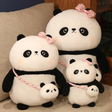 Three panda plush toys with pink bows on a neutral background