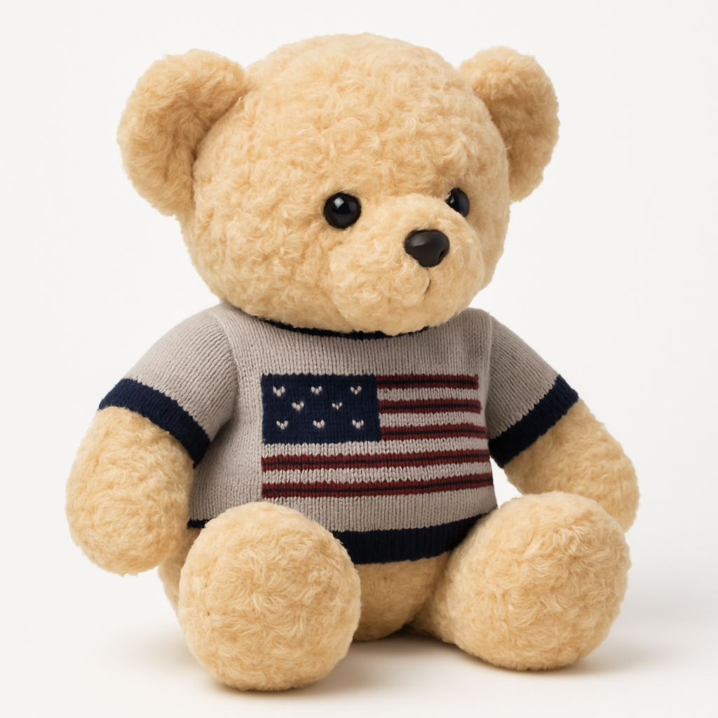 Beige teddy bear wearing a sweater with an American flag design on a white background