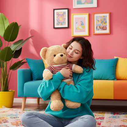 Woman holding a teddy bear in a colorful living room