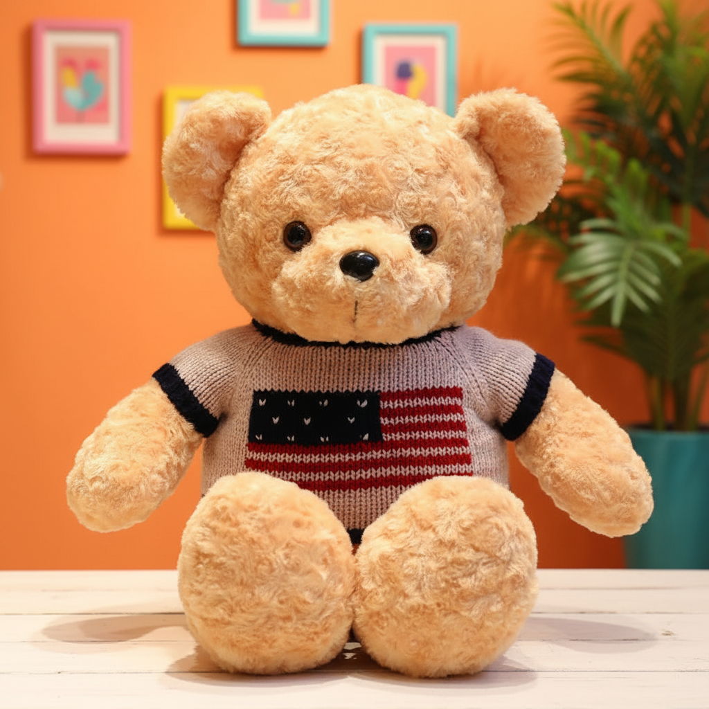 Teddy bear wearing a sweater with an American flag design against an orange wall.