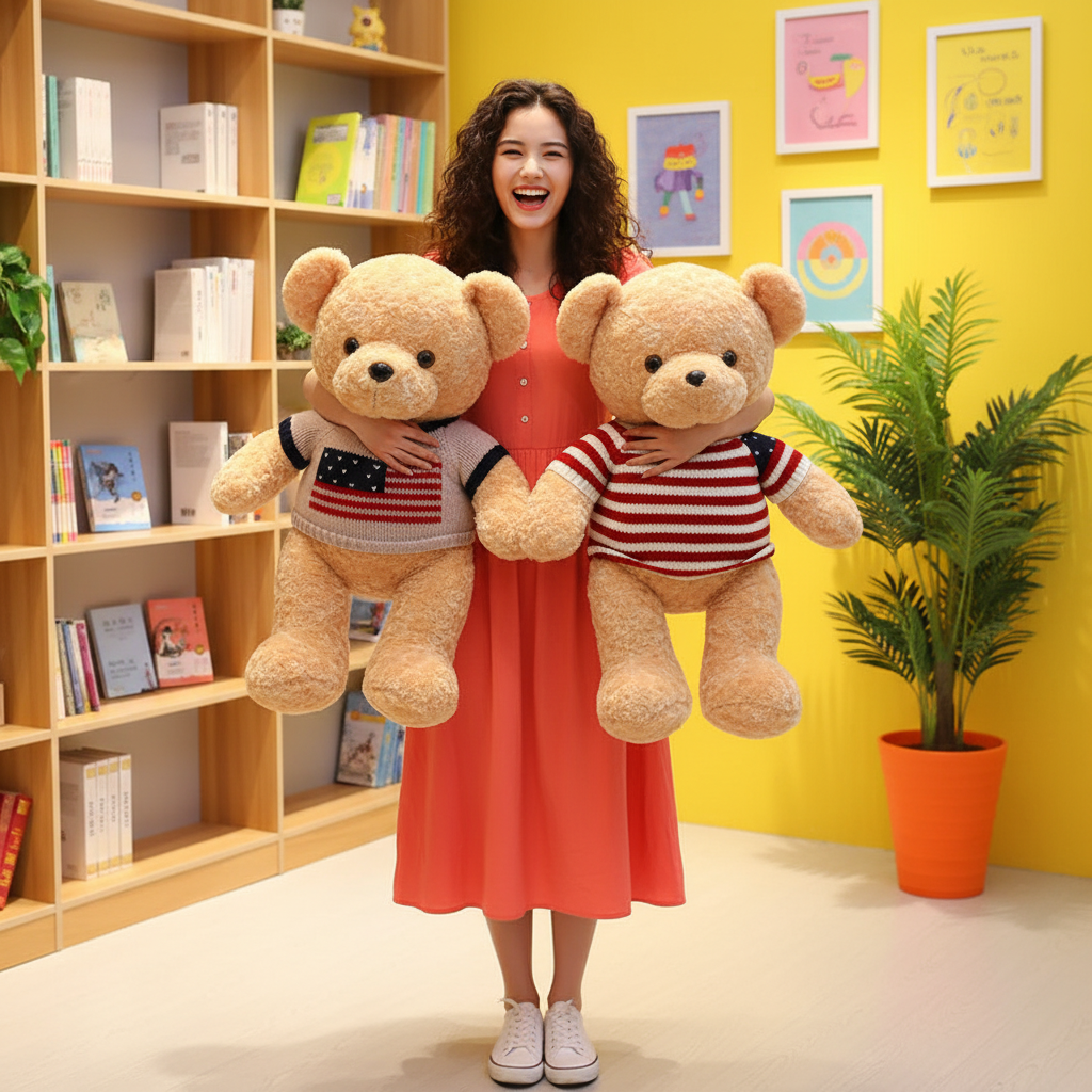 Woman holding two teddy bears wearing American-themed sweaters in a room with a bookshelf and plants.