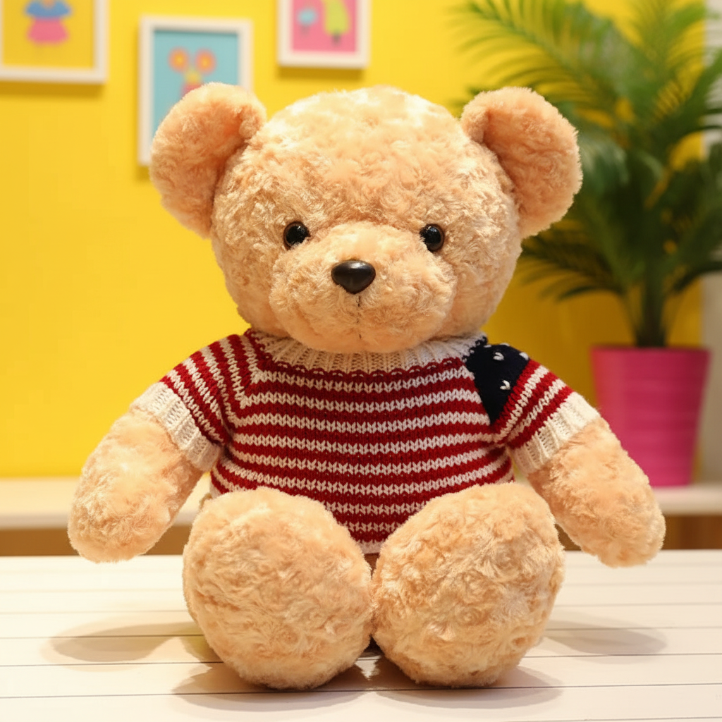 Teddy bear wearing a red and white striped sweater on a yellow background