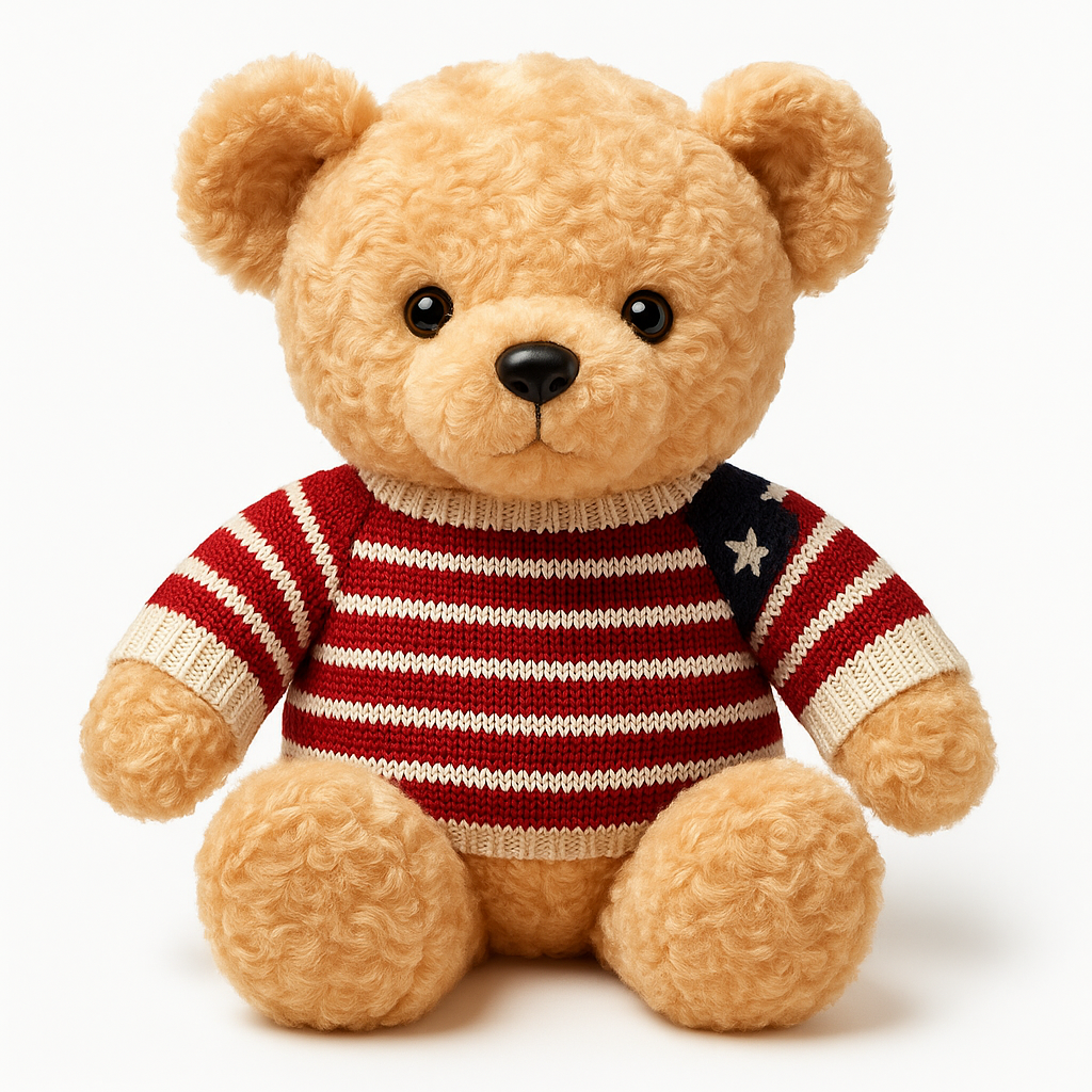 Teddy bear wearing a red and white striped sweater with an American flag design on a white background