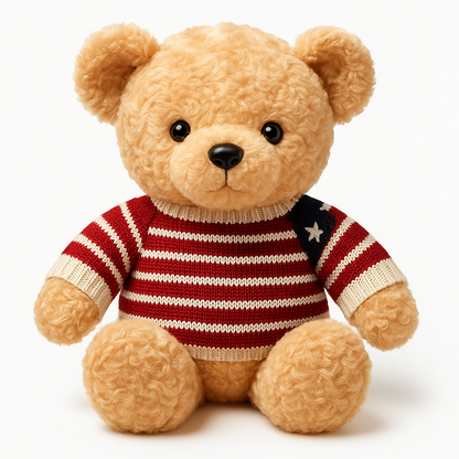 Teddy bear wearing a red and white striped sweater with an American flag design on a white background