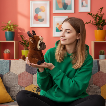 Woman holding a plush deer toy in a colorful living room