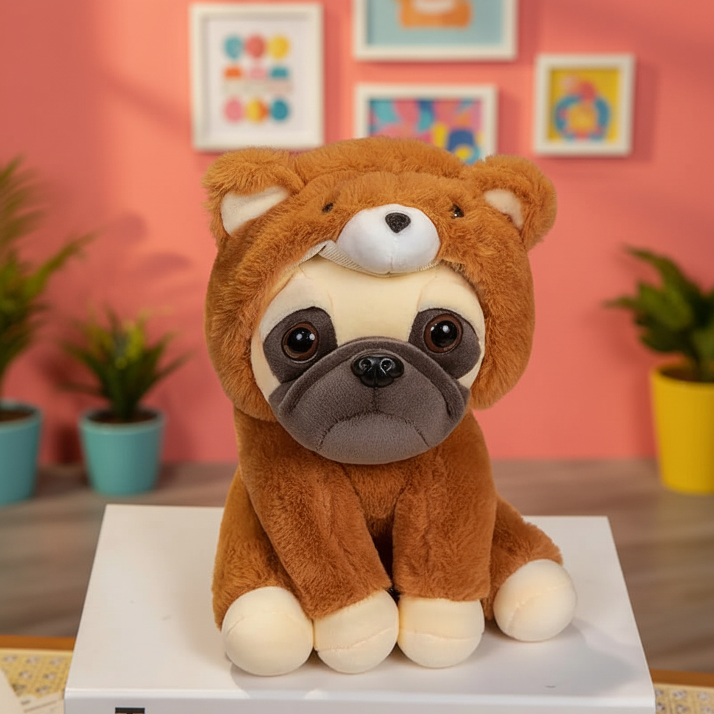Brown teddy bear with pug dog face on a white platform against a pink wall with colorful frames.