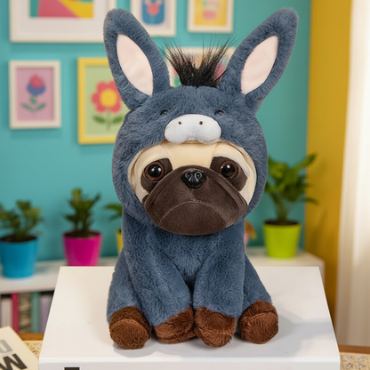 Plush toy donkey with a pug dog's face on a white surface with a colorful background