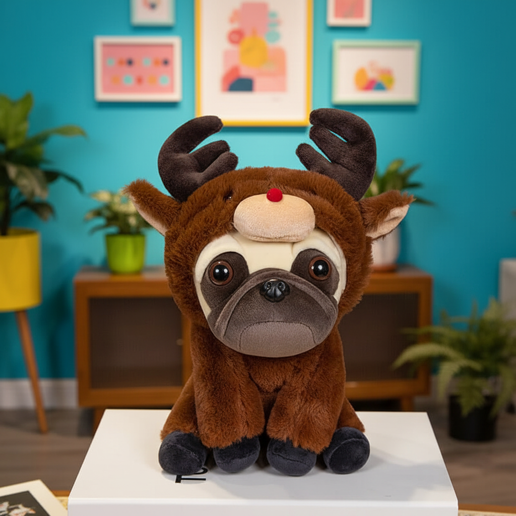 Plush toy with deer antlers on a white surface with a colorful room background