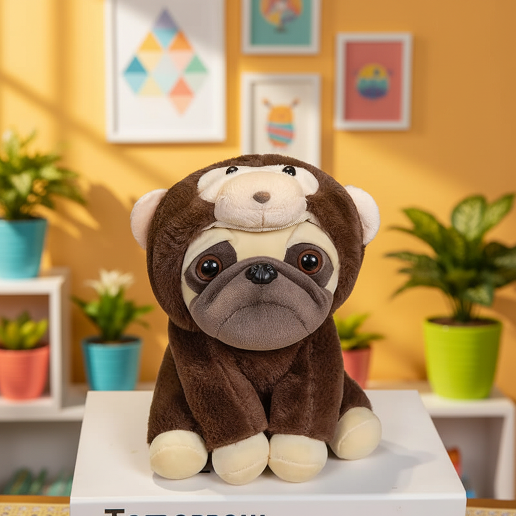 Stuffed monkey toy with a pug face on a white platform against a colorful wall.
