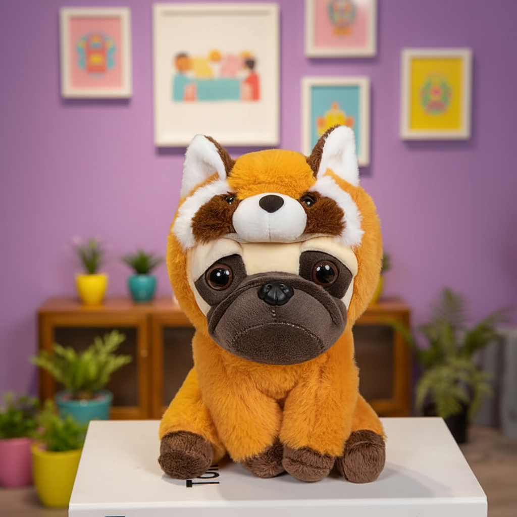 Plush toy resembling a fox with an orange hood in a room with purple walls and framed pictures.