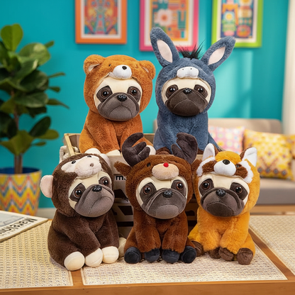 Set of plush toys resembling pugs on a table with a colorful background