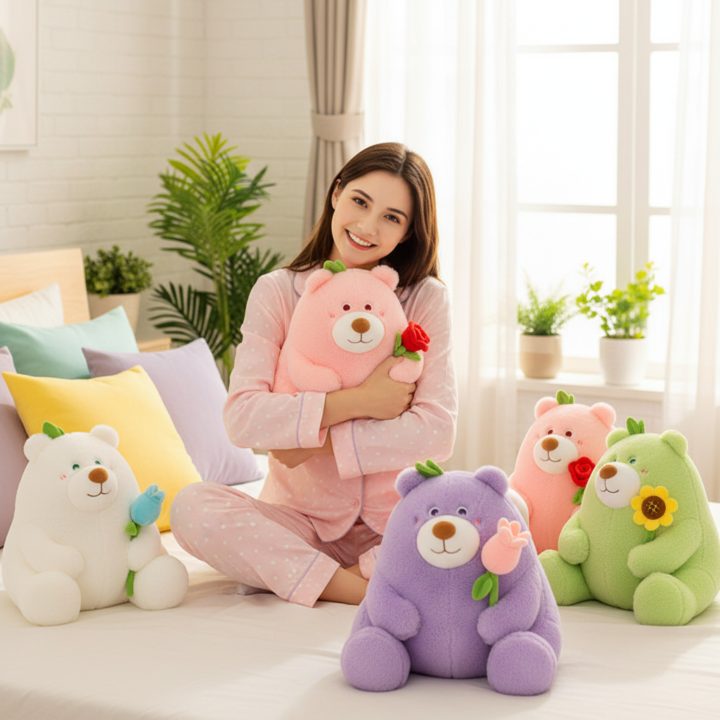 Woman holding a pink teddy bear surrounded by colorful teddy bears on a bed.