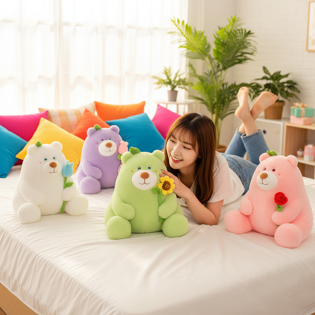 Woman lying on a bed with colorful plush teddy bears in a bright room.
