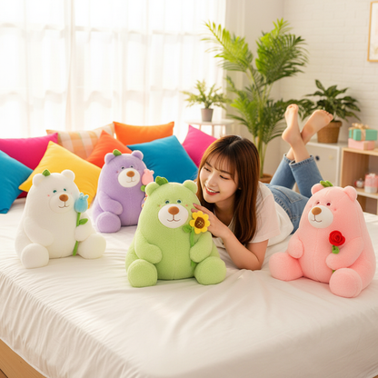 Woman lying on a bed with colorful plush teddy bears in a bright room.