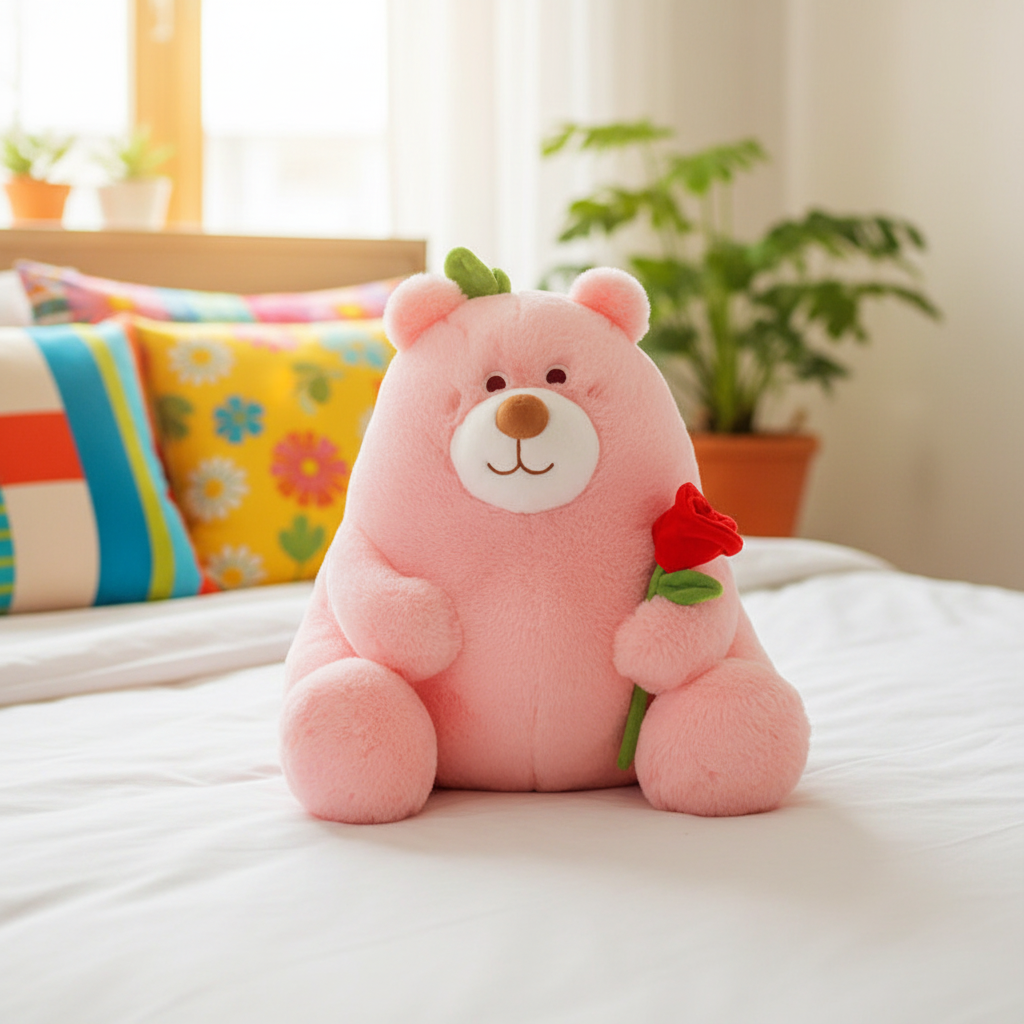 Pink teddy bear with a red rose on a bed with a colorful pillow and plants in the background