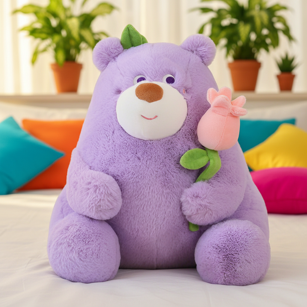 Purple teddy bear holding a pink flower in a room with colorful pillows and plants.