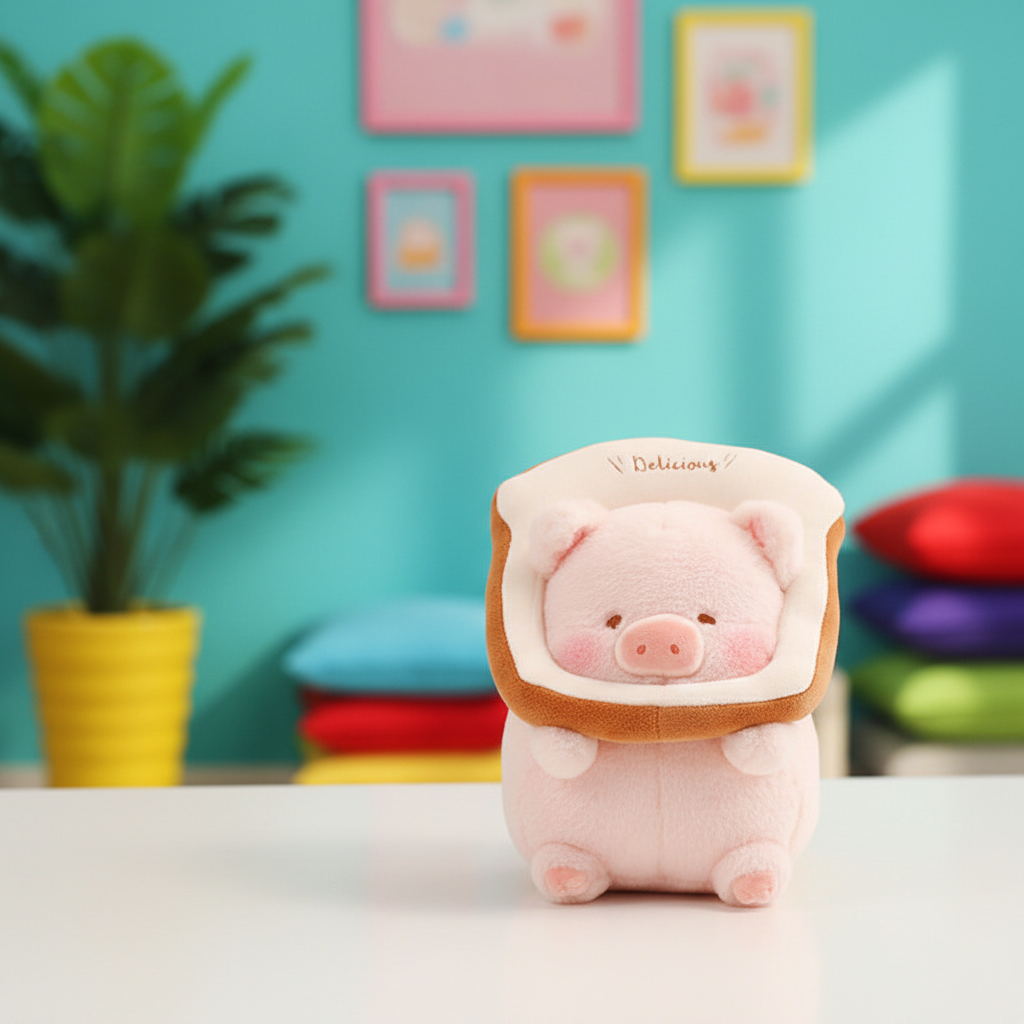 Plush toy pig in a slice of bread on a table with a colorful background