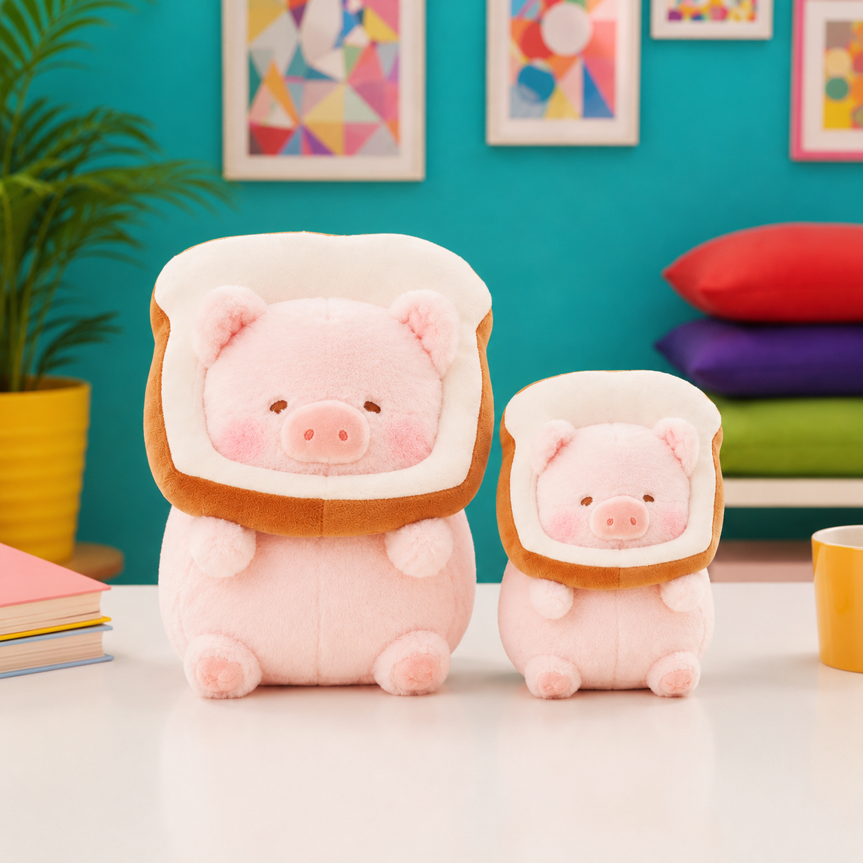 Two pink plush pig toys styled like they are wearing bread slices, standing on a white table in a colorful room setting with a teal wall, framed art, and pillows in the background.