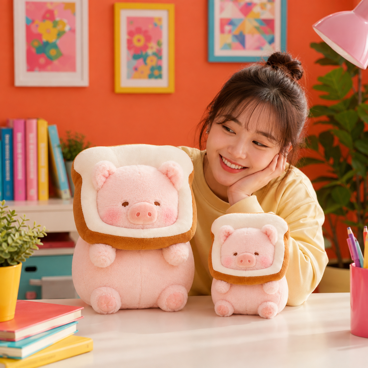 A smiling woman sits at a table with two plush toy characters shaped like pink pigs wearing toast faces, one large and one small, in a colorful room with an orange wall and framed art.