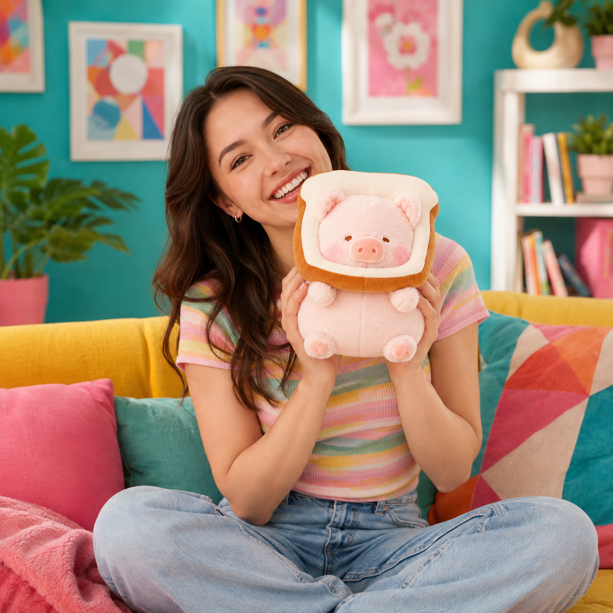A smiling woman sits on a colorful couch holding a plush toy shaped like a pink pig inside a slice of bread. The room has bright turquoise walls, framed art, a bookshelf, and patterned pillows.