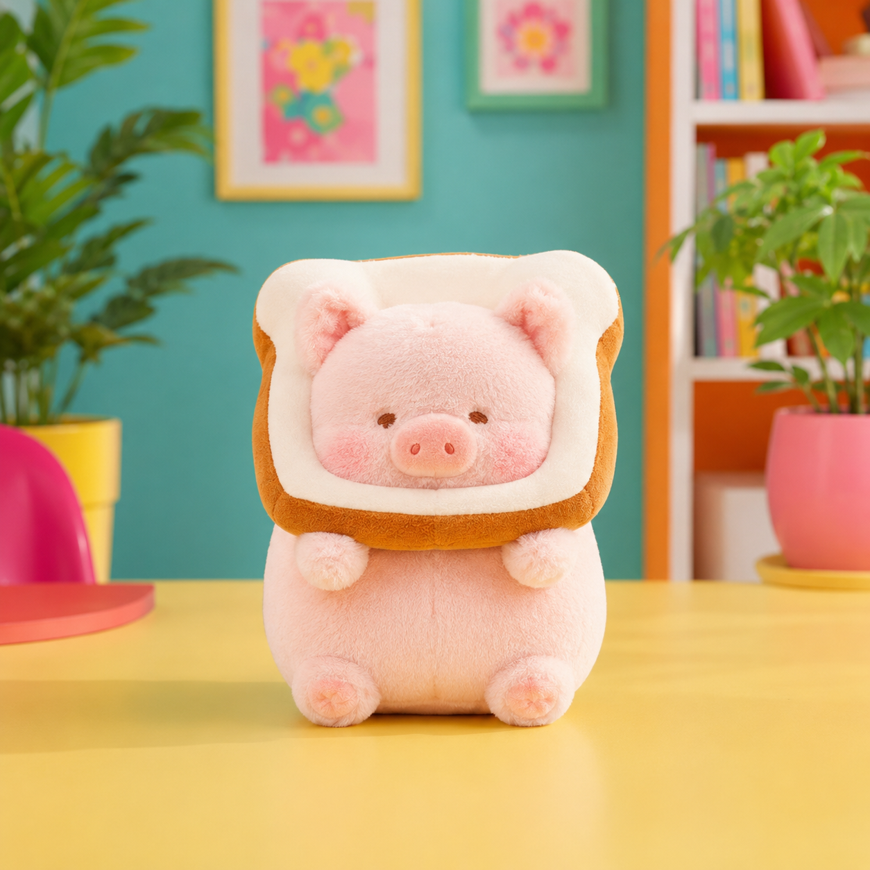 A cute pink plush toy shaped like a pig wearing a bread-slice costume, sitting on a yellow table in a colorful room setting with plants and framed art.