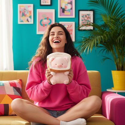 Person holding a large, colorful plush pig in a bright, decorated room.