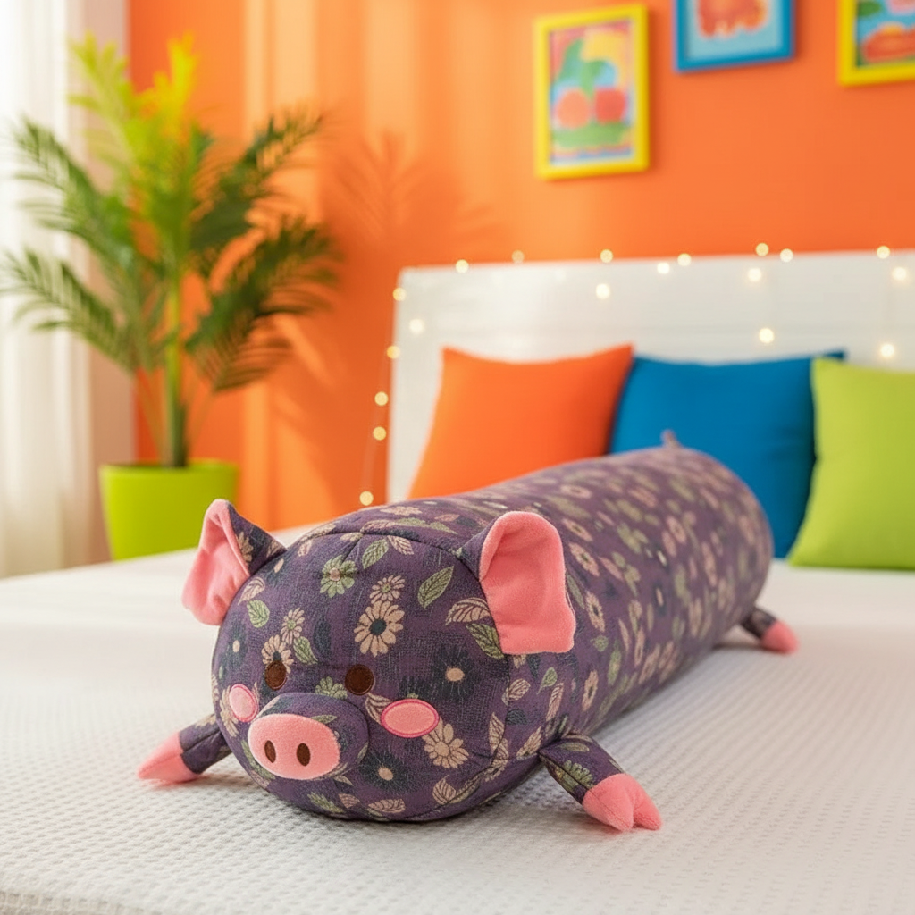 Floral-patterned pig-shaped body pillow on a bed with colorful pillows and an orange wall in the background.