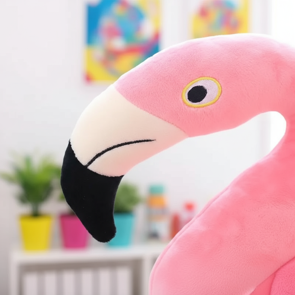 Close-up of a pink plush flamingo plushie with a blurred indoor background