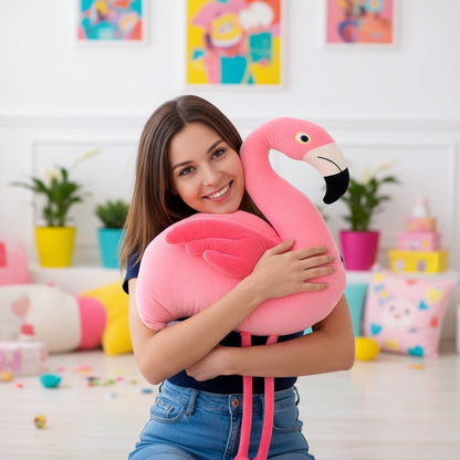 Woman holding a pink flamingo plush toy in a colorful room.