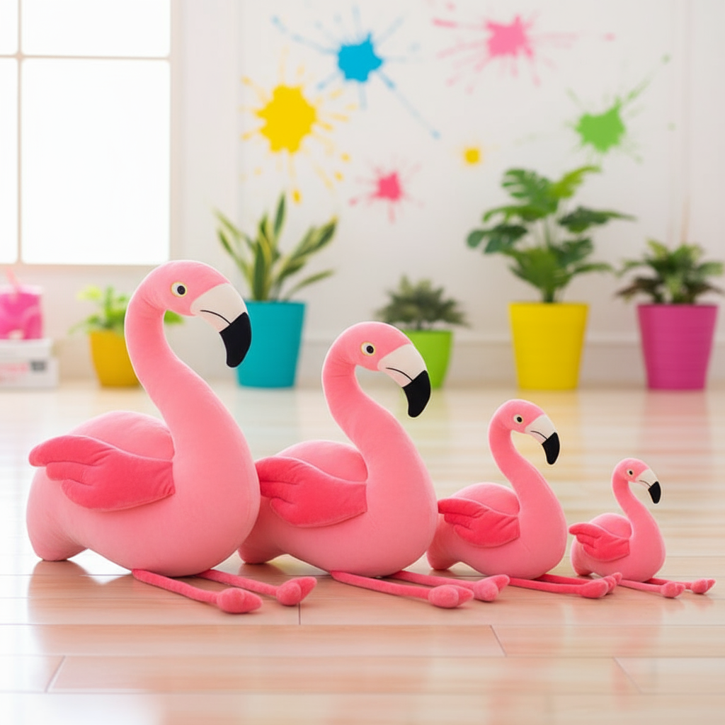 Set of pink flamingo plush toys on a wooden floor with colorful plants in the background.
