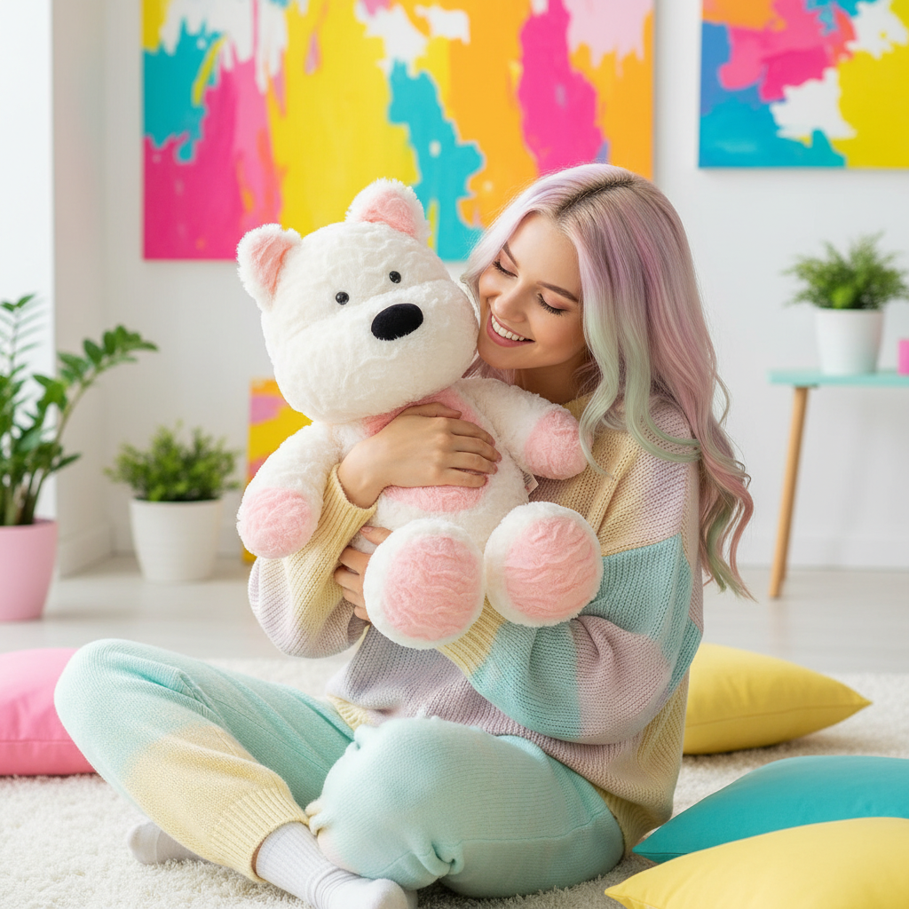 Woman holding a large plushie dog in a colorful room with abstract art on the wall.