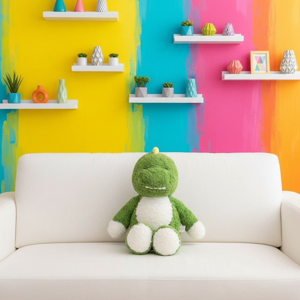 Green plush dinosaur toy on a white couch with a colorful wall background