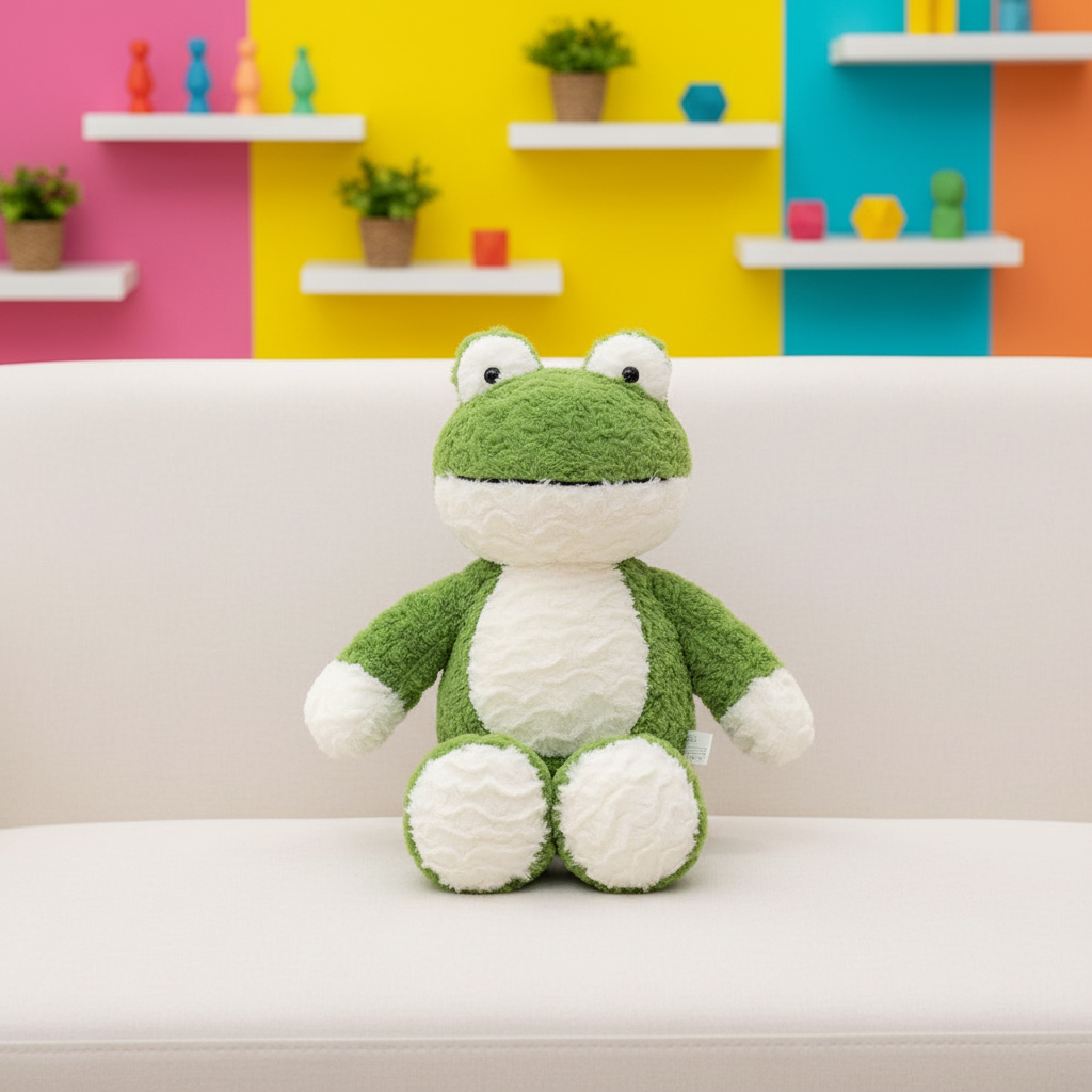 Green plush frog toy on a white couch with a colorful wall background